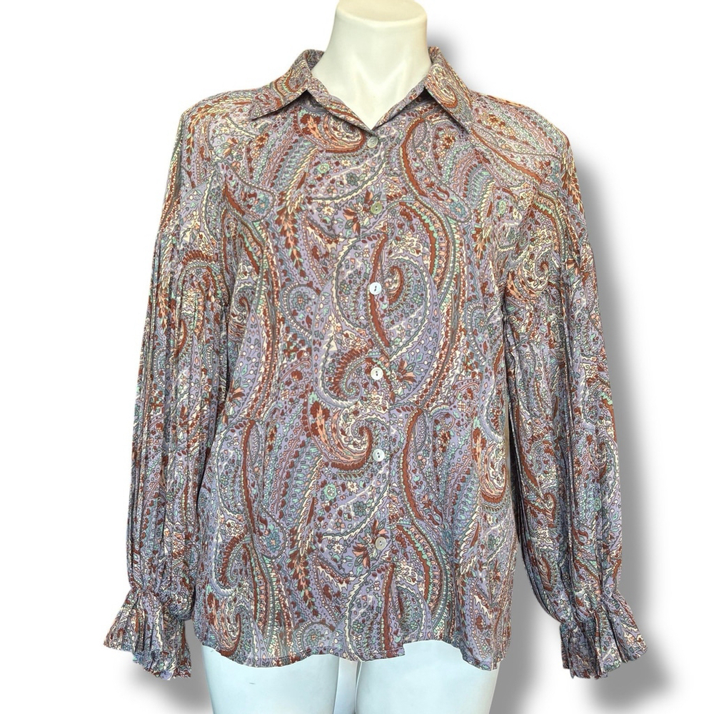 JODIFL Purple Paisley Button Front Blouse Women’s Small Boho Tie Cuff